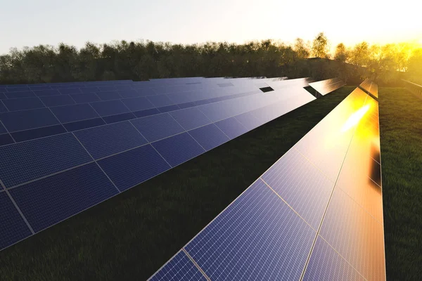 Reihen Von Solarzellen Auf Einer Grünen Wiese Vor Dem Hintergrund — Stockfoto