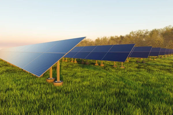 Reihen Von Solarzellen Auf Einer Grünen Wiese Vor Dem Hintergrund — Stockfoto