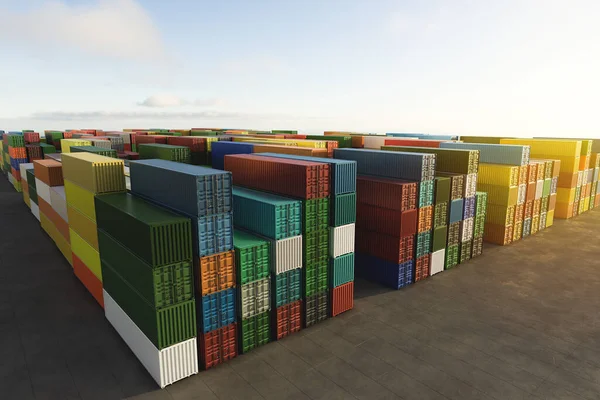 Lojistik ithalat-ihracat işi için sanayi konteynır sahası günbatımında en üst sırada