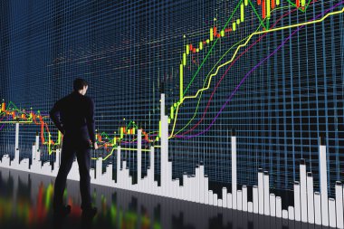 Göstergeli ve hacimli fiyat hareket çizelgesi. Bir ticaret grafiğindeki fiyatların analizi. Fiyat grafiğinde veri analizi kavramı