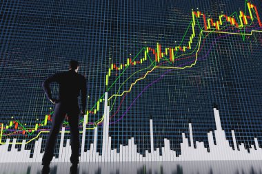 Göstergeli ve hacimli fiyat hareket çizelgesi. Bir ticaret grafiğindeki fiyatların analizi. Fiyat grafiğinde veri analizi kavramı