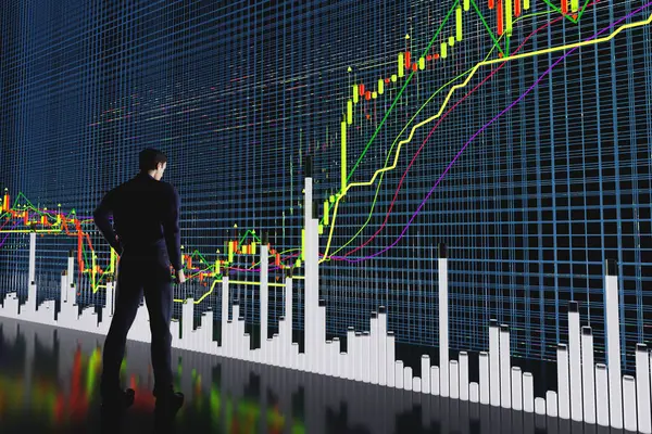 Göstergeli ve hacimli fiyat hareket çizelgesi. Bir ticaret grafiğindeki fiyatların analizi. Fiyat grafiğinde veri analizi kavramı