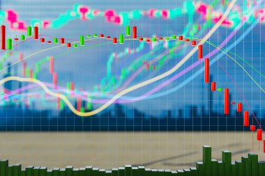 Aşağı doğru eğilimli üç boyutlu grafik. Göstergeli şamdan çizelgesi. Dijital kırmızı finans şeması ve grafikleriyle yatırım, ticaret ve emlak piyasası krizi kavramı.