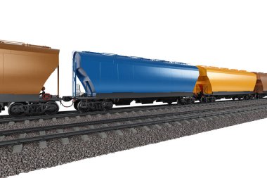 Tren raylarında renkli hoplayan vagonları olan bir tren. Beyaz arka planda demiryolu.