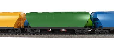 Tren raylarında renkli hoplayan vagonları olan bir tren. Beyaz arka planda demiryolu.