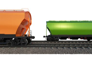 Beyaz zemin üzerinde demiryolu rayları üzerinde endüstriyel yük treni