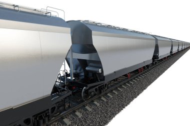 Beyaz zemin üzerinde demiryolu rayları üzerinde endüstriyel yük treni