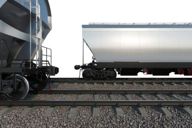 Beyaz zemin üzerinde demiryolu rayları üzerinde endüstriyel yük treni