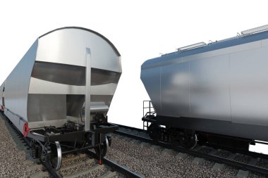 Beyaz zemin üzerinde demiryolu rayları üzerinde endüstriyel yük treni