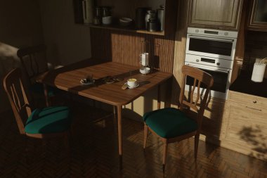 Sabah güneşinde sıcak bir mutfakta, ahşap bir masanın üzerinde kurabiyeli kahve.