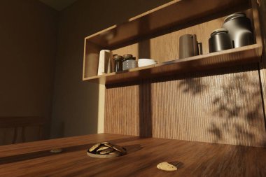 Minimalist mutfak, kurabiye ve rahat sabah ışığı.