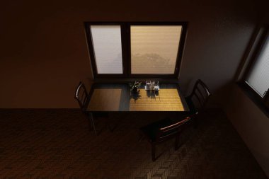 Koyu ahşap bir masa, bir çay seti ve panjurların arasından sabah ışığıyla aydınlatılan küçük bir bitki düzeni. Sıcak, güneşli gölgeleri olan minimalist mutfağın rahat atmosferi