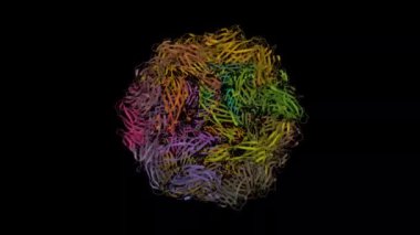 Porcine circovirus 2 'nin yapısı. Canlandırılmış 3D karikatür ve Gauss yüzey modelleri, PDB 3r0r, varlık kimliği renk şeması, siyah arkaplan