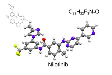 Kimyasal formül, iskelet formülü ve kemoterapötik ilaç nilotinib 'in 3 boyutlu top ve sopa modeli, beyaz arka plan.