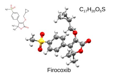 Kimyasal formül, yapısal formül ve veteriner kullanımı için COX-2 inhibitörü olan Firocoxib 'in 3 boyutlu top ve sopa modeli.