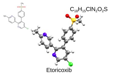 Kimyasal formül, yapısal formül ve etoricoxib 'in 3 boyutlu top ve sopa modeli, seçici bir COX-2 inhibitörü, beyaz arkaplan