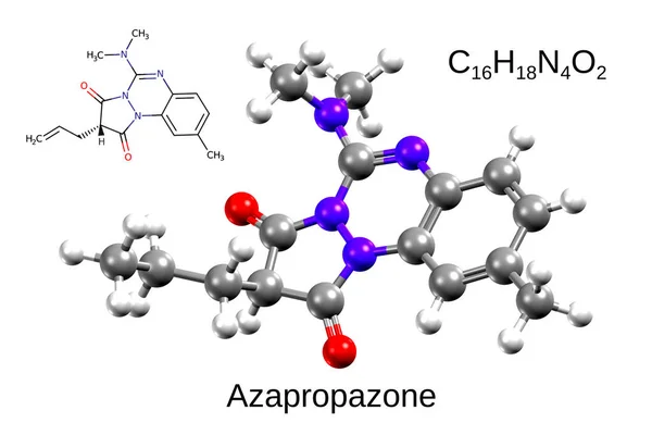 Chemical formula, structural formula and 3D ball-and-stick model of azapropazone, a nonsteroidal anti-inflammatory drug, white background