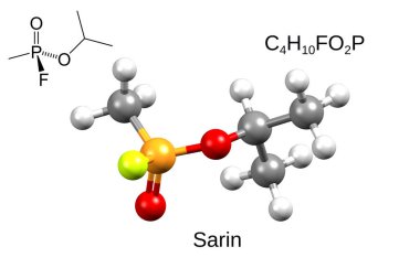 Kimyasal formül, iskelet formülü ve sarinin üç boyutlu top ve sopa modeli, kimyasal silah olarak kullanılan nörotoksik gaz, beyaz arka plan.