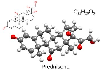 Kimyasal formül, iskelet formülü ve glukokortikoid bağışıklık baskılayıcı prednizonun 3 boyutlu top ve sopa modeli, beyaz zemin