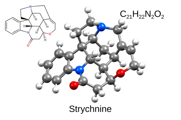Chemický Vzorec Kosterní Vzorec Ball Stick Model Alkaloid Strychnin Bílé — Stock fotografie