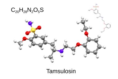 Kimyasal formül, iskelet formülü ve Tamsülosin 'in 3 boyutlu top ve sopa modeli, beyaz zemin