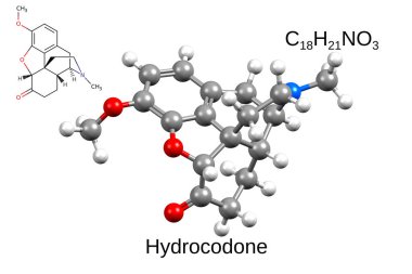 Kimyasal formül, yapısal formül ve opioid hidrokodonunun 3 boyutlu top ve sopa modeli, beyaz zemin