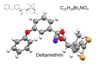 Kimyasal formül, iskelet formülü ve böcek ilacı deltametrinin 3 boyutlu top ve sopa modeli, beyaz arka plan.