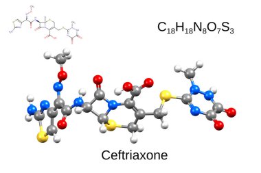 Kimyasal formül, yapısal formül ve antibiyotik seftriakson 3 boyutlu top ve sopa modeli, beyaz zemin