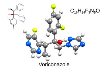Kimyasal formül, yapısal formül ve anti mantar maddesi voriconazol 'un 3 boyutlu top ve sopa modeli, beyaz arkaplan