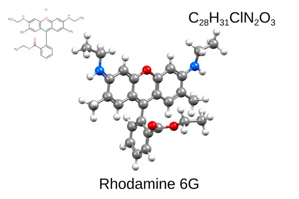 荧光染料罗丹明6G的化学配方 结构配方及三维球棒模型 白色背景 图库图片