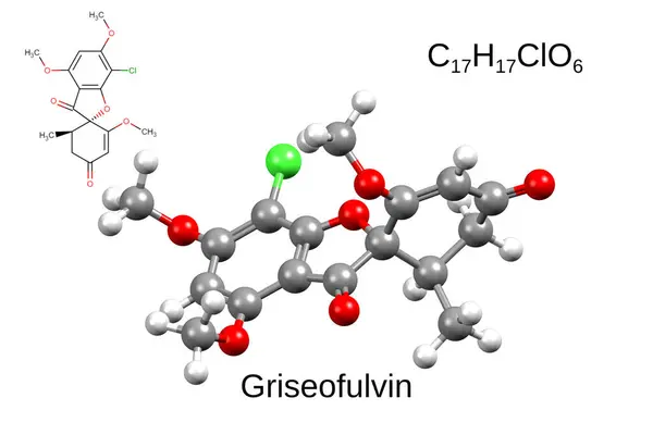 防霉剂Griseofulvin White Background的化学配方 结构配方及三维球棒模型 图库图片