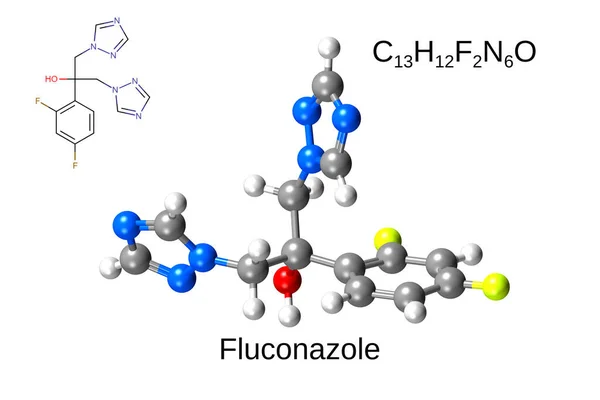 氟康唑 白底物防霉剂的化学配方 结构配方及三维球棒模型 免版税图库图片