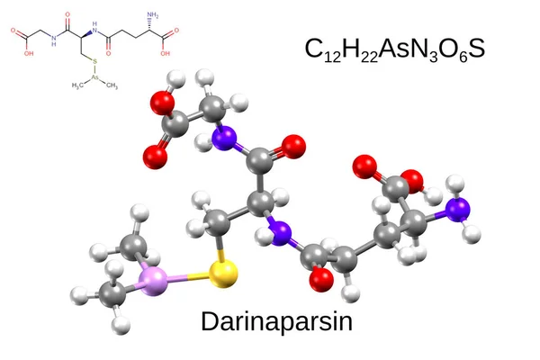 Darinaparsin 白底化学公式 结构公式及三维球棒模型 图库照片