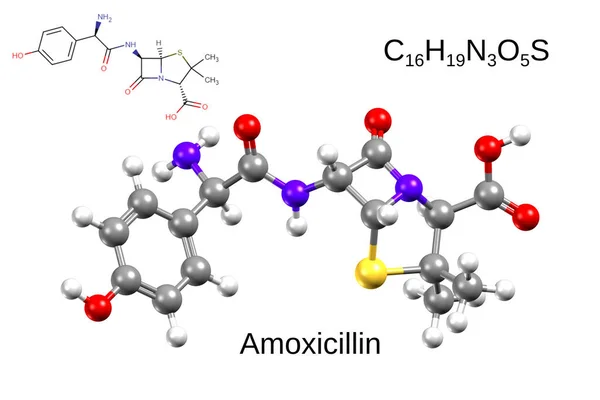 Χημικός Τύπος Συντακτικός Τύπος Και Μπάλα Stick Μοντέλο Αντιβιοτική Αμοξικιλλίνη Εικόνα Αρχείου