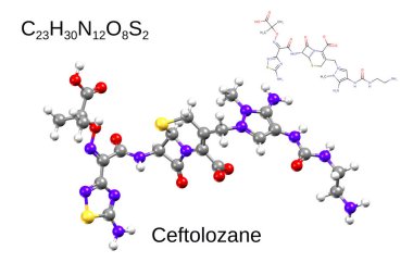 Kimyasal formül, yapısal formül ve antibiyotik ceftolozanın 3 boyutlu top ve sopa modeli, beyaz zemin