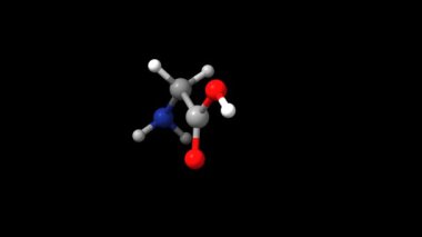 Amino asit glisininin yapısı. Canlandırılmış 3 boyutlu top ve çubuk ve boşluk dolu modeller, siyah arkaplan.