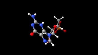 Döngüsel guanosin monofosfat yapısı. Canlandırılmış 3 boyutlu top ve sopa ve yüzey modelleri, siyah arkaplan