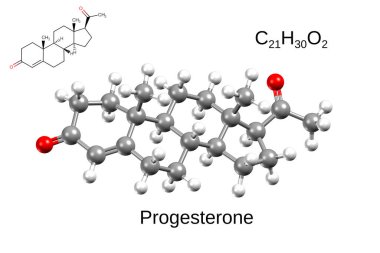 Hormon progesteronunun yapısı. Kimyasal formül, yapısal formül ve üç boyutlu top ve sopa modeli, beyaz arkaplan