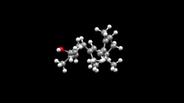 A vitamini yapısı (retinol). Canlandırılmış 3 boyutlu top ve çubuk ve boşluk dolu modeller, siyah arkaplan.