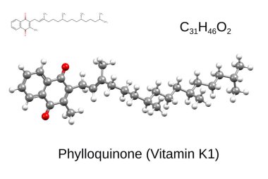 Kimyasal formül, yapısal formül ve K1 vitamini (phylloquinone) 3 boyutlu top ve sopa modeli)