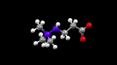 Kalp ilacı ve doping Meldonyumunun yapısı. Canlandırılmış 3 boyutlu top ve çubuk ve boşluk dolu modeller, siyah arkaplan