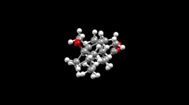 Anabolik steroid oksandrolon yapısı. Canlandırılmış 3 boyutlu top ve çubuk ve boşluk dolu modeller, siyah arkaplan.