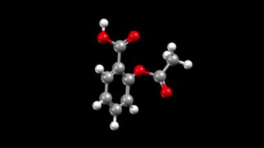Asetilsaliklik asit (aspirin) yapısı. Canlandırılmış 3 boyutlu top ve çubuk ve boşluk dolu modeller, siyah arkaplan.