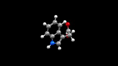 İndole-3-asetik asit yapısı (auxin). Canlandırılmış 3 boyutlu top ve çubuk ve boşluk dolu modeller, siyah arkaplan.