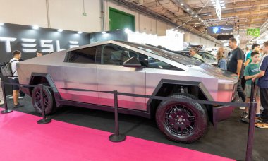 ATHENS, GREECE - OCTOBER 5, 2024: Tesla Cybertruck at Auto Athina 2024 Motor Show. clipart