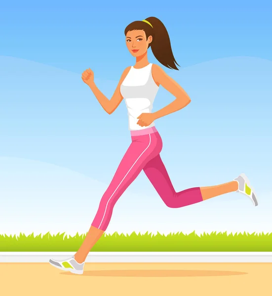健康な若い女性が走ってる簡単な公園の背景 スポーツファッションで美しい笑顔の女の子 ジョギング 健康的なライフスタイルのイラスト 漫画のキャラクター — ストックベクタ