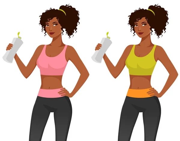 Young African American Woman Sport Outfit Holding Bottle Water Workout — Stock Vector