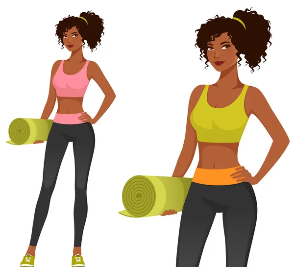 Fille Afro Américaine Tenue Gym Tenant Tapis Yoga Belle Femme — Image vectorielle