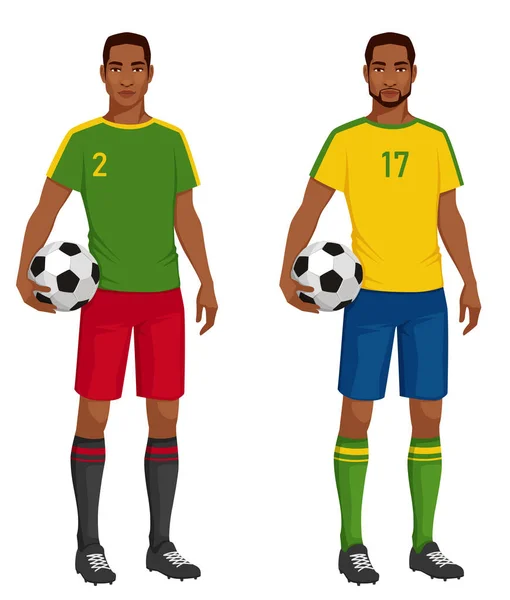 축구공을 있어요 아프리카나 브라질의 선수입니다 녹색이나 노란색의 미식축구 셔츠를 캐릭터 — 스톡 벡터