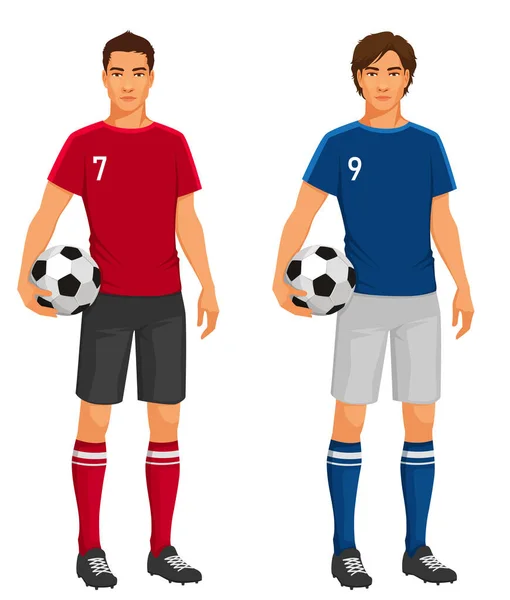 Futbol Topu Tutan Yakışıklı Bir Genç Adam Kırmızı Mavi Futbol — Stok Vektör